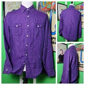 Murano Baird McNutt 100% Linen Slim Fit Button-Up Shirt – Purple – Men’s Large